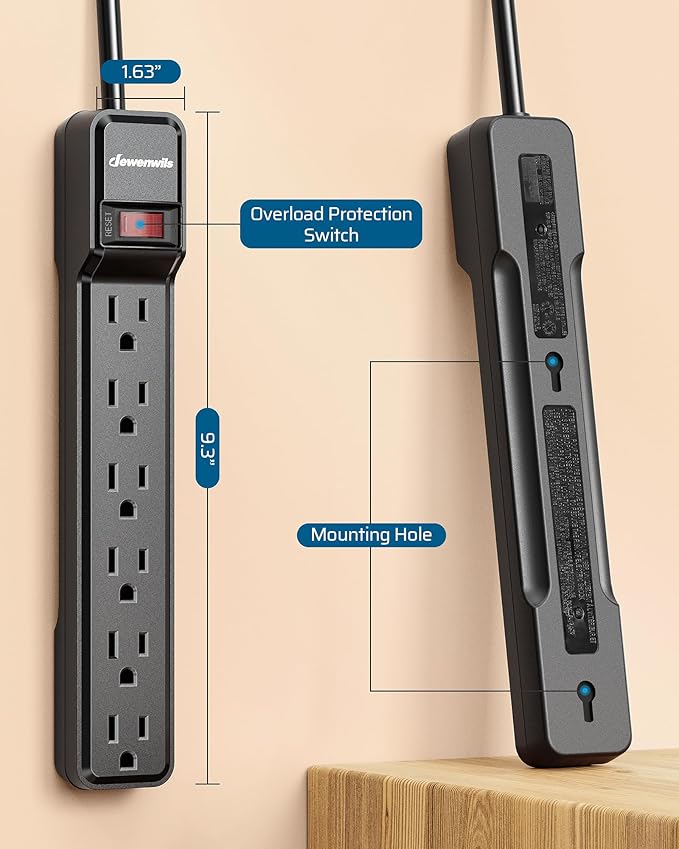 DEWENWILS 6 Foot Long Power Strip, 6-Outlet Power Strip 6FT, 15 Amp Circuit Breaker, Low Profile Flat Plug, Surge Protector for Office, Living Room, Bedroom, 4 Pack, Wall Mount, Black