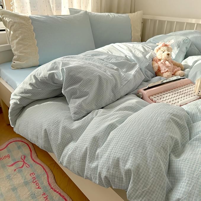 LifeTB Blue Gingham Comforter Set Queen Romantic Lace Style Plaid Checkered Comforter Set Cute Grid Bed Comforter with 2 Pillowcases Cozy Gingham Bedding Set Blue Plaid Comforter for Teen Girls