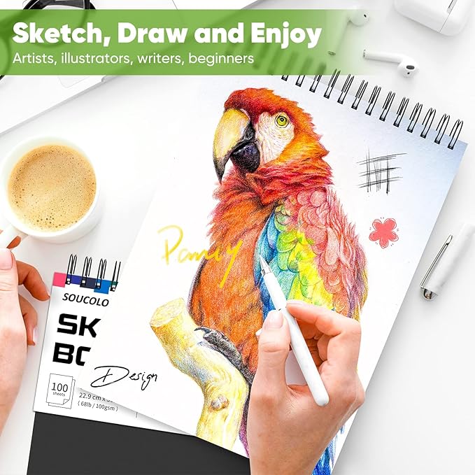Soucolor 9" x 12" Sketch Book, 100 Sheets Top Spiral Bound Sketchbook with Acid-Free 68lb/100gsm Drawing Paper, Art Sketch Pad for Kids, Adults & Artist, Professional Art Supplies for Beginners