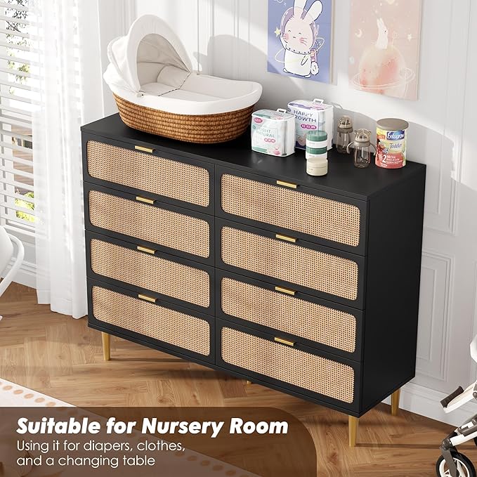 Garvee Rattan Dresser with 8 Drawers, Tall Modern Closet with Deep Storage, Large Chest of Drawers with Wide Top, Long Wooden Dresser for Bedroom, Living Room, Hallway, Kids Room, Black