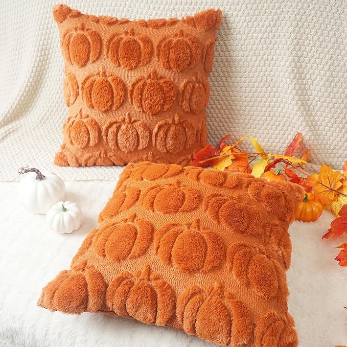 GEEORY Fall Pumpkins Soft Plush Pillow Covers, 24 x 24 Inch Set of 2, Fluffy Faux Fur Wool Decorative Farmhouse Cushion Case for Sofa Home Decoration Orange Pumpkin GC021-24