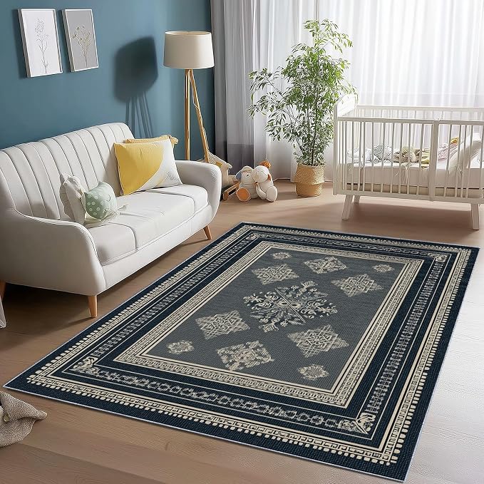 Area Rugs for Living Room, 4x5 Washable Rug Grey Soft Low Pile Non-Slip Carpet Stain Resistant Carpets for Bedroom Dining Room Farmhouse Nursery, Classical Patterned Geometric