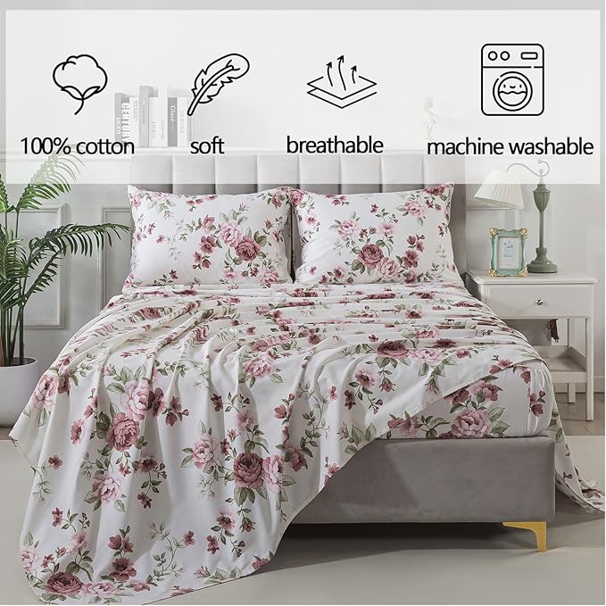 FADFAY Beige Vintage Floral Cal King Size Sheets Set Premium 100% Cotton Shabby Brick Red Rose Pattern Bedding Set Deep Pocket Sheets with 2 Pillowcases Luxury Breathable Soft 4Pcs, Cal King Size