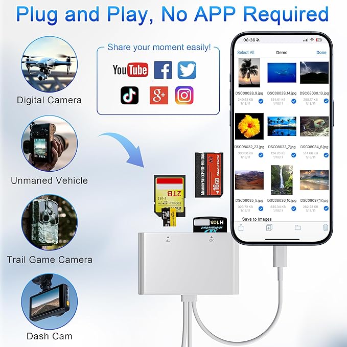 Memory Stick Pro Duo Adapter, 4 in 1 USB A/USB C/Lightning to SD/MS/Micro SD/XD Picture Card Reader for Camera Adapter Trail Game Camera Viewer for iPhone iPad MacBook, SD Card Reader for iPhone