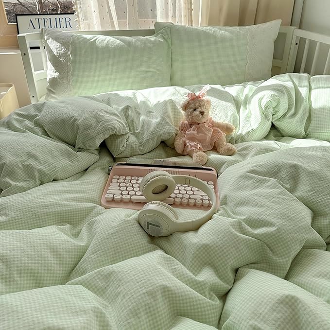 LifeTB Green Gingham Duvet Cover Queen 3 Pieces Romantic Lace Duvet Cover Soft Washed Microfiber Green Grid Plaid Comforter Cover with 2 Pillowcases Farmhouse Checkered Gingham Bedding Set