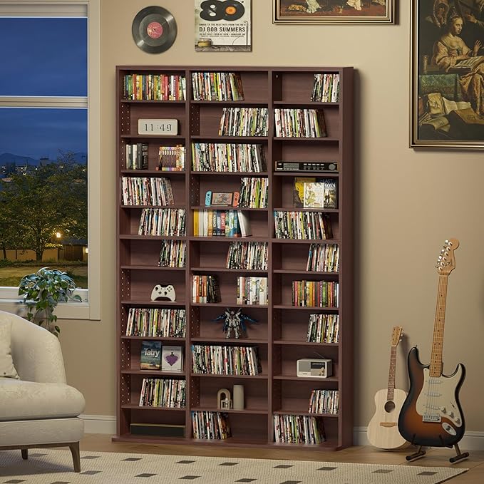 LELELINKY 11 Tier Tall Display Cabinet, Walnut Media Storage Cabinet with Adjustable Shelves, Free Standing DVD Organizer Shelf, Floor multimedia storage manga bookshelf for Living Room & Home Office.
