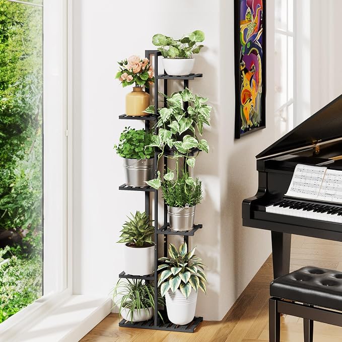 ROSSNY 55 Inch Tall Plant Stand Indoor, 7 Tier 8 Potted Bamboo Plant Stands for Indoor Plants, Corner Plant Stand, Tiered Plant Stands, Plant Shelf For Indoor, Planter Holder for Multiple Plants Indoor, Black