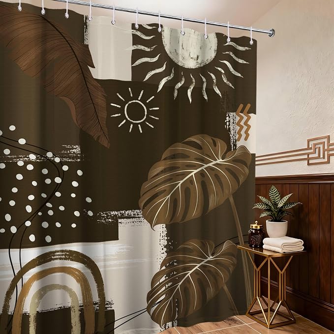 Dark Brown Mid Century Modern Shower Curtain Boho Abstract Khaki Earth Tone Shower Curtains for Bathroom Decor Sets, Waterproof Cloth Fabric with Hooks, 70 x 72 Inch