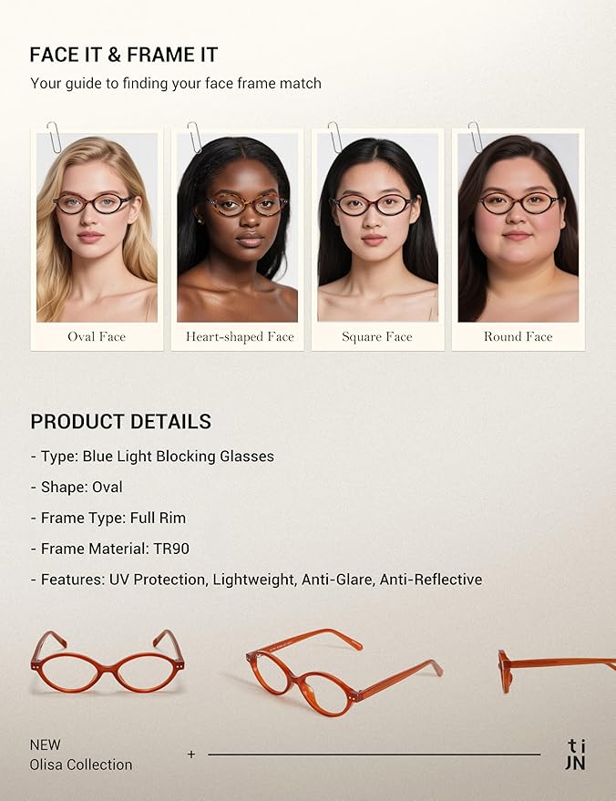 TIJN Olisa Blue Light Blocking Glasses for Women Men,Oval Glasses Frame Bluelight Glasses for Gaming/Computer/Screen