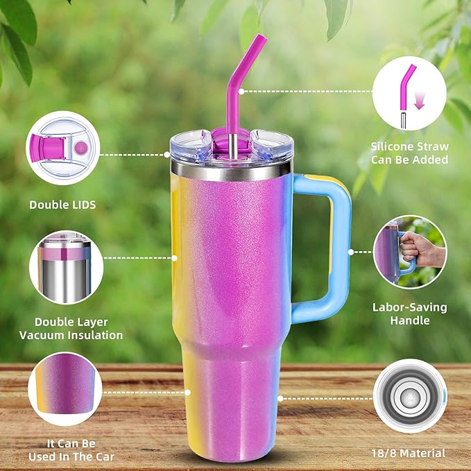 40 oz tumbler with handle and straw,Double Wall Vacuum Reusable Stainless Steel Insulated Water Bottle,With Leak Proof lid and Straw for Iced or Cold Beverages (Carnival)