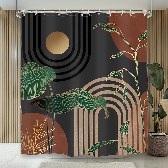 Glawry Brown Abstract Mid Century Shower Curtain Boho Retro Tropical Palm Tree Leaves Sun Arch Modern Bathroom Aesthetic Geometric 72Wx72L Inches Bath Accessories Art Home Decor Fabric 12 Pack Hooks