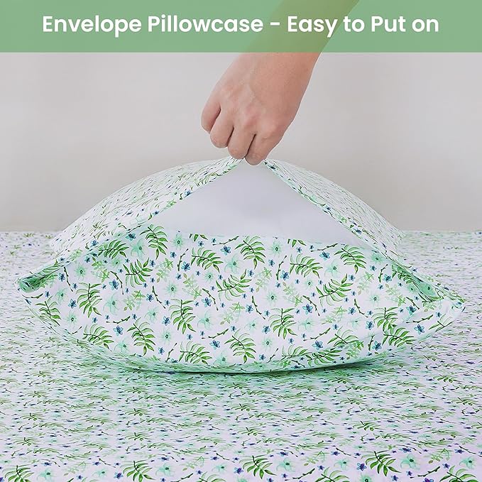Softan Green Floral Twin Sheet Set, 3-Piece Cozy Botanical Microfiber Printed Fitted Bed Sheet with 15" Deep Pockets & Non-Slip Straps, Fresh Greenery Blooms Patterned Sheets & Pillowcase Set