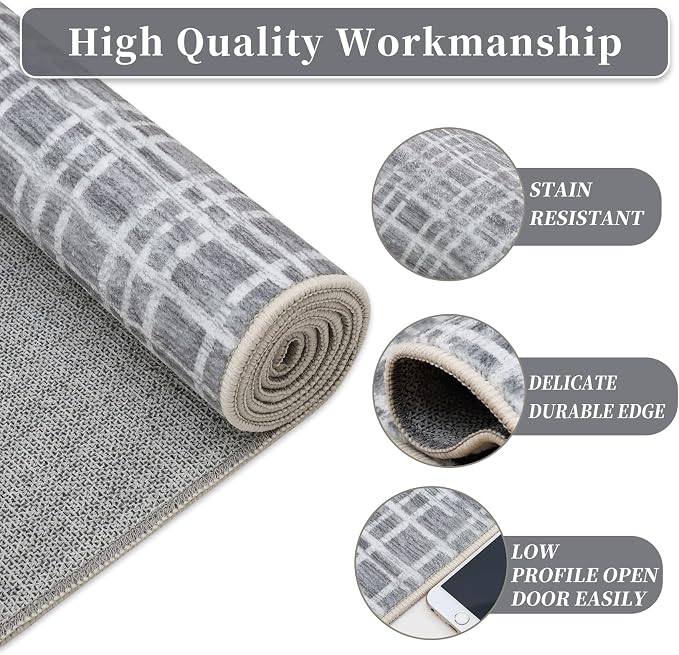 Washable Rug 6 x 9 Area Rug for Living Room Modern Large Area Rug for Bedroom Farmhouse Grid Non Slip Throw Rugs Soft Faux Wool Low Pile Stain Resistant Carpet for Dining Room 6'x9' Grey