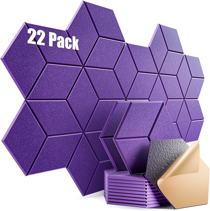 22 Pack Self-Adhesive Acoustic Panels 12" X 10" X 0.4" - Sound Proof Foam Panels with High Density, Y-Lined Design, Flame Resistant, Absorb Noise and Eliminate Echoes(Purple)