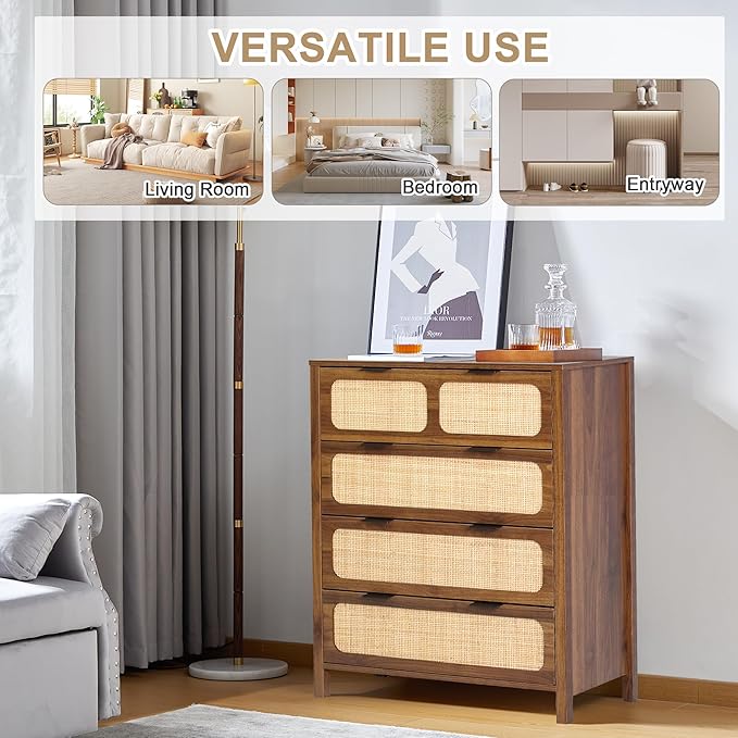 LEVNARY 4 Drawer Dresser Set of 2, Rattan Dressers Storage Cane Cabinet, Wooden Chest of Drawers Dresser for Bedroom, Entryway, Living Room (2, Walnut)