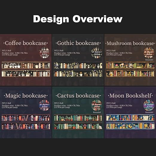 AuriicLeaf Magician’s Bookcase PET Tapes – 6 Rolls of Fantasy Embroidery-Style Bookcase Designs with Clip, for Scrapbook, Journal, Junk Journal, Planner and DIY Decor