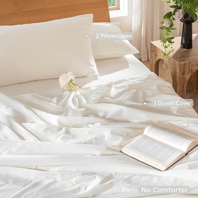 MooMee Bedding Duvet Cover Set 100% Washed Cotton Linen Like Textured Breathable Durable Soft Comfy (Solid Off White, Super King 108"x98")