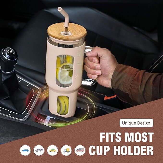 Glass Tumbler with Lid and Straw, 46 oz Iced Coffee Cup with Handle, Large Water Bottles with Silicone Sleeve, Glass Cup with Straws - Pearl Straw & Drinking Straw BPA Free-Amber