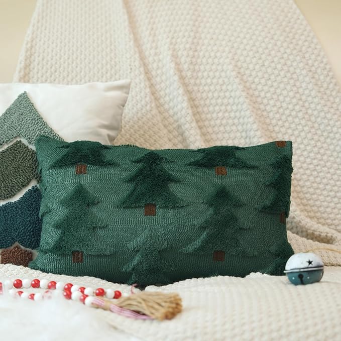 GEEORY Christmas Pillow Covers 12x20 Inch Set of 2, Christmas Decorations Xmas Tree Soft Plush Fluffy Faux Fur Decorative Throw Pillows Farmhouse Winter Cushion Case Green Brown GC033-12