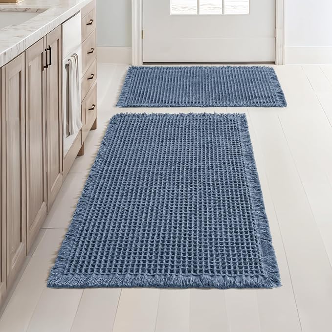 MIULEE Set of 2 Waffle Bathroom Rugs, Boho Bath Rugs Non Slip Washable, Super Absorbent Bath Mats, Ultra Soft Rubber Backed Shower Mats for Bathroom Floor, Tub, Blue, 17"x24"+18"x30"