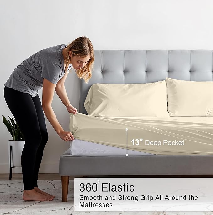 RUVANTI 100% Organic Cotton Sheets California King, Percale Weave, GOTS Certified, 4-Piece Set, Deep Pocket 13", Crisp & Breathable, Soft Durable Bedding, Sábanas Algodón Orgánico – Cloud Cream