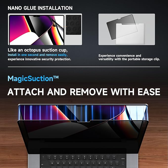 Mamol Privacy Screen for MacBook Air 15 Inch (2023-2025, M2, M3,M4)- A2941 A3114, MagicSuction™ Removable Vacuum Adsorption Anti Spy,Anti Glare Anti Blue Light Filter for Mac Laptop Computer