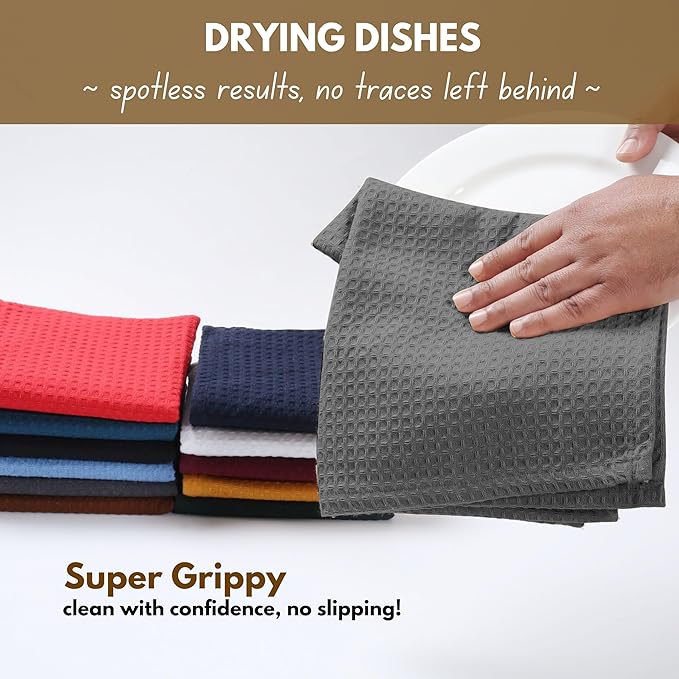 Native Fab 6 Pack Waffle Dish Cloths - 100% Cotton, Absorbent, Quick Dry & Soft Towels for Cleaning, Cooking & Drying Dishes - Perfect for Home, Restaurants, Bars, 12x12 inch - Grey