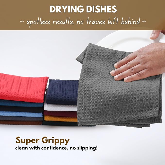 Native Fab Waffle 18 Pack Dish Cloths Set - 100% Cotton, Absorbent, Quick Drying, Washable Towels for Cleaning, Cooking & Baking - Great for Home, Restaurants, Bars & Cafes, 12x12 inches - Grey