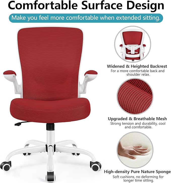 FelixKing Office Chair, Ergonomic Desk Chair Breathable Mesh Chairs Adjustable High Back Lumbar Support Flip-up Armrests, Executive Rolling Swivel Comfy Computer Chairs Home Office Fire Brick