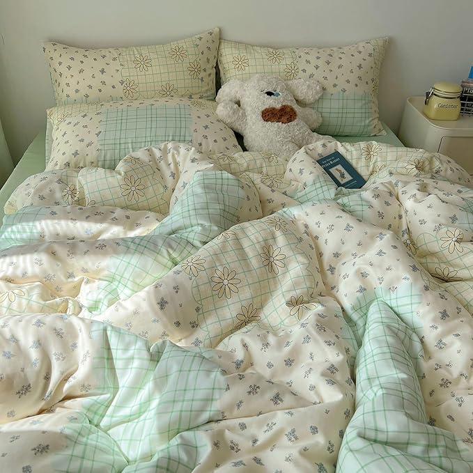 LifeTB 100% Cotton Muslin Duvet Cover Twin Aesthetic Floral Comforter Cover with Botanical Flower Cute Plaid Design Ultra Soft Cottagecore Bedding Set Breathable Gauze Duvet Cover with 2 Pillowcases