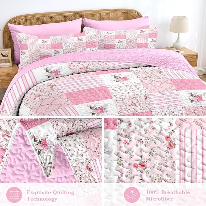 Quilt Set King Size, Pink Patchwork Flowers 3 Pcs Soft Bed Cover Bedding Set, Garden Floral Lightweight Bedspread Coverlet with 2 Pillow Sham for All Season