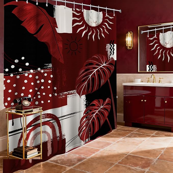 Extra Long Shower Curtain 96 Inchs Extra Tall Black and Red Mid Century Modern XL Boho Burgundy Shower Curtains for Large Bathroom Decor Sets, Waterproof Cloth Fabric with Hooks, 70 x 96 Inch
