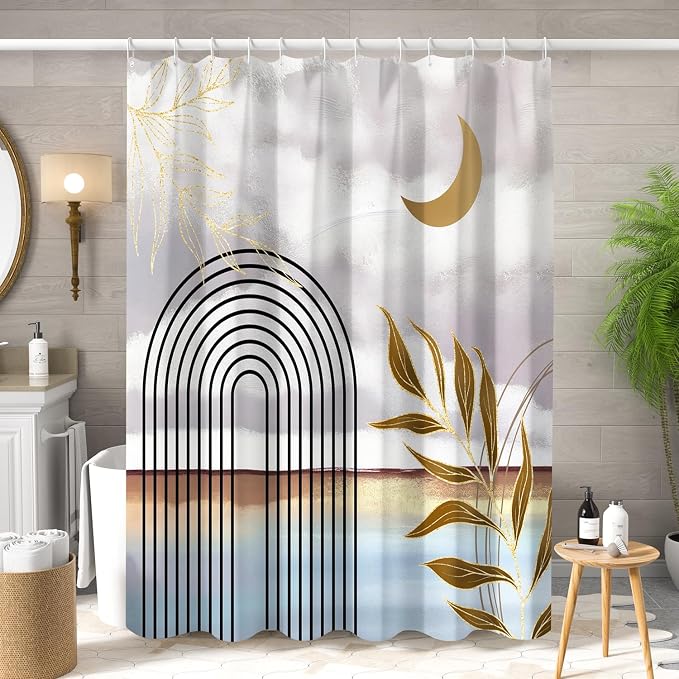 Mid Century Boho Shower Curtain Abstract Modern Minimalist Geometric Arch Bathroom Curtain Gold Leaves Aesthetic Waterproof Bath Decor Polyester Fabric with Hooks 72x84 inch