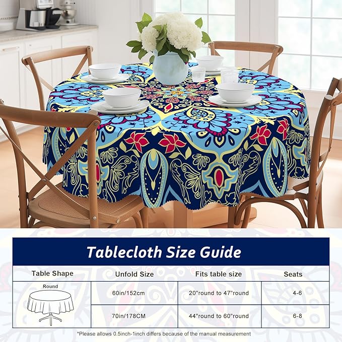 Eikione Round Tablecloth, Boho Tablecloth Waterproof and Wrinkle-Free, Boho Table Covers, Summer Decorations for Home 70inch