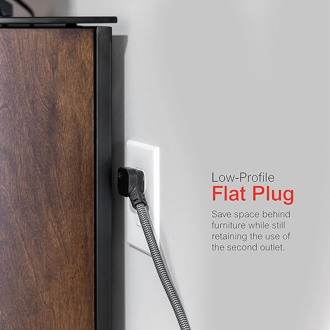 GE UltraPro 6 Outlet Surge Protector, 6 Ft Designer Braided Extension Cord, Flat Plug, Long Power Cord, Wall Mount, Black, 45271