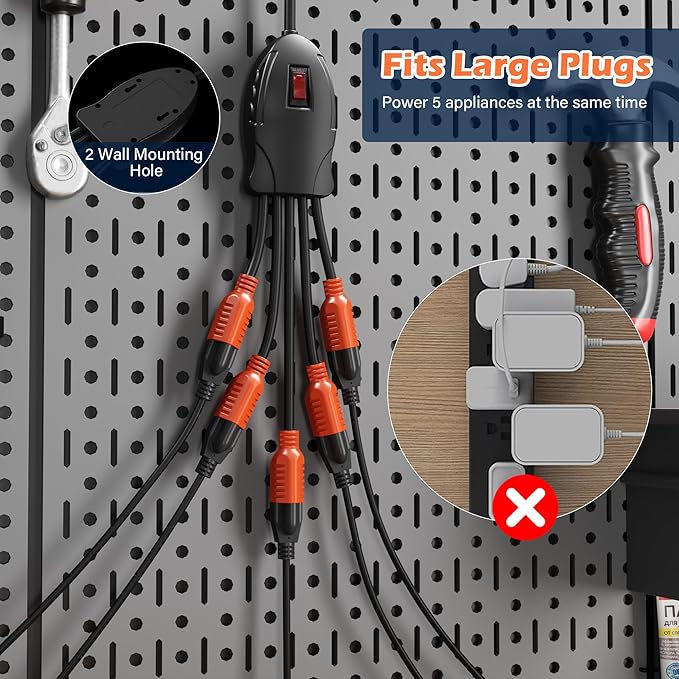 1 to 5 Outlet Power Squid Y Splitter 3 Ft Extension Cord with On/Off Switch, 3 Prong Multiplier Power Strip Surge Protector,Indicator&Resettable,14AWG 15A SJT for Lights Appliances Workshop Garage-ETL