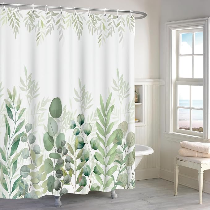 Green Eucalyptus Extra Long Shower Curtain, Leaf Plant Herbs Spring Nature Waterproof Fabric Machine Washable with Hooks for Bathroom Bathtub Decor 72Wx84H