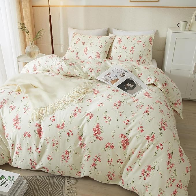 Vintage Garden Style Pink Floral Comforter Set Full Chic Boho Floral Bedding Comforter Fluffy Soft Aesthetic Flowers Botanical Comforter with 2 Pillowcases Girls Women Cottagecore Comforter Set