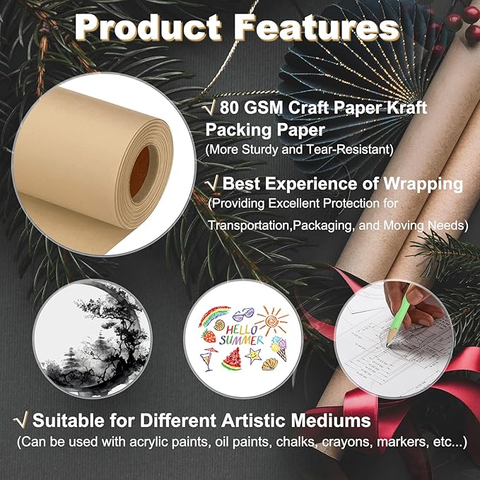 PATIKIL Wrapping Paper, 15"x1000"(80') Bulletin Board Paper Roll Kraft Paper Roll Construction 80GSM for Shipping Packing Gift Wrapping Craft Flower Bouquet Christmas, Brown