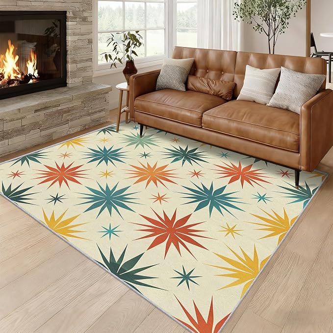 Retro Atomic Rugs for Living Room Decor, 5x6 ft, Mid Century Modern Area Rugs for Bedroom, Soft Non Slip Washable 50s Abstract Geometric Carpet Home Decorations D-g48