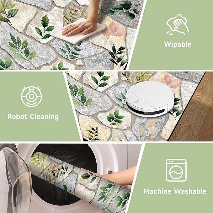 4'x6' Optical Illusion Rug 3D Stone Floor Mat Green Leaf Botanical Area Rug Rustic Nature Washable Carpet for Bedroom Living Room Kitchen Nursery Playroom Home Decor