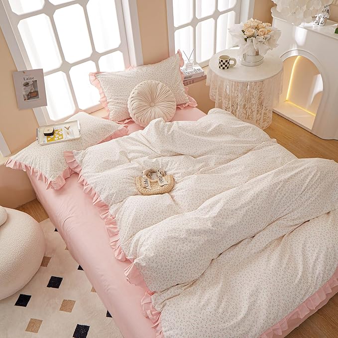 LifeTB Pink Flower Comforter Set Full Vintage Coquette Bedding Comforter Cottagecore Floral Comforter Set with Elegant Ruffles Soft Fluffy Lightweight Botanical Bedding Set for Girls Women