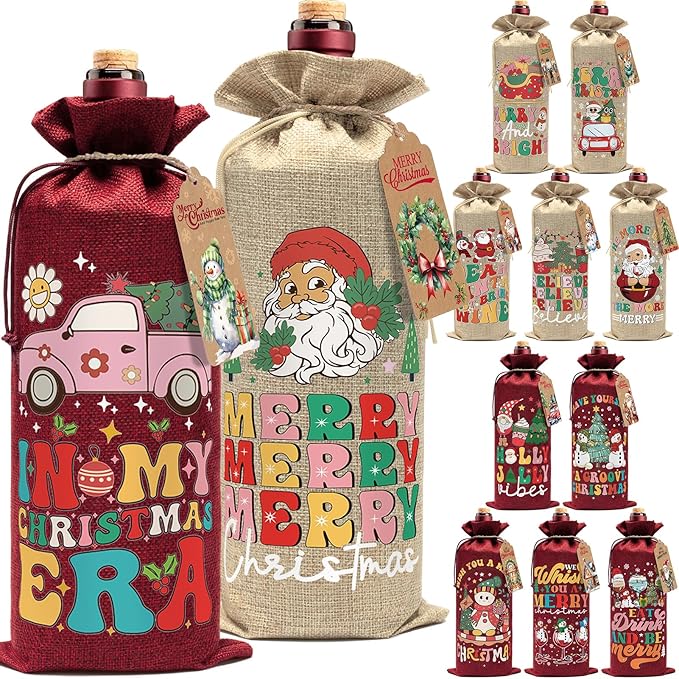 Aoonby 12PCS Burlap Wine Bags Christmas Wines Gift Bag, Drawstring Retro Christmas Bottle Cover Gift Bag w/Tag, Reusable Wines Bags for Bottles Gifts Wine Bottle Covers for Xmas Holiday Party Decor