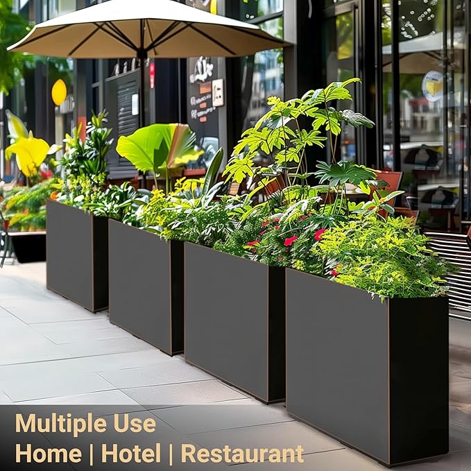 Wallowa Metallic Heavy Outdoor Planter Box, Span Planter, Long and Tall Divider, 30Lx10Wx24H, Black with Gold Rim, 30.8 Pounds