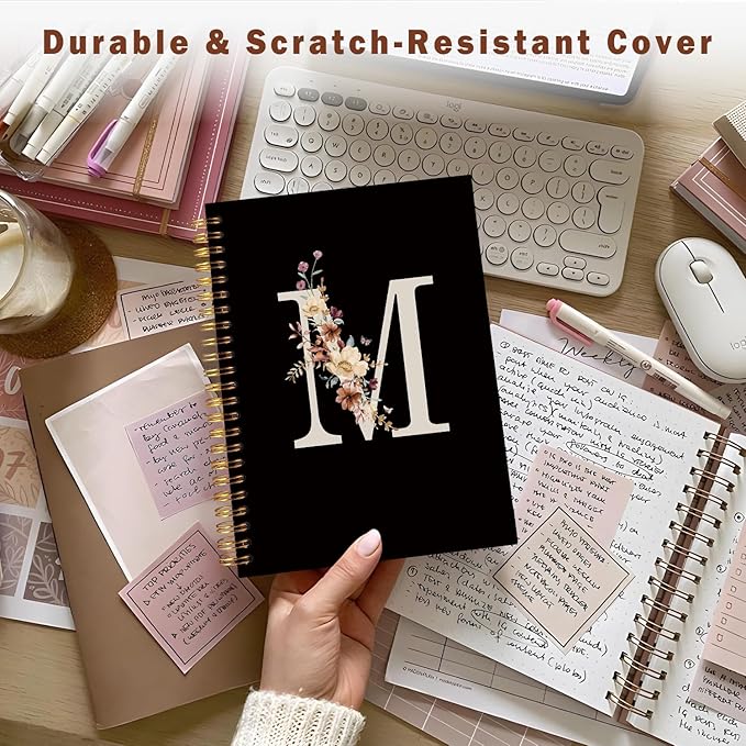 Lacama Cute Initial Letter M School Notebook Journal, Aesthetic Wildflower Personalized Black Spiral Notebook, School Supplies, Customized Monogrammed Gifts, Birthday Gifts for Women, Office Supplies