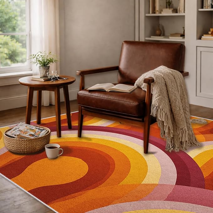 Retro Halo Area Rug 3x4, Mid Century Rainbow Arch Rug, Retro Abstract Carpet for Living Room Bedroom, Soft Non Slip Washable Rug