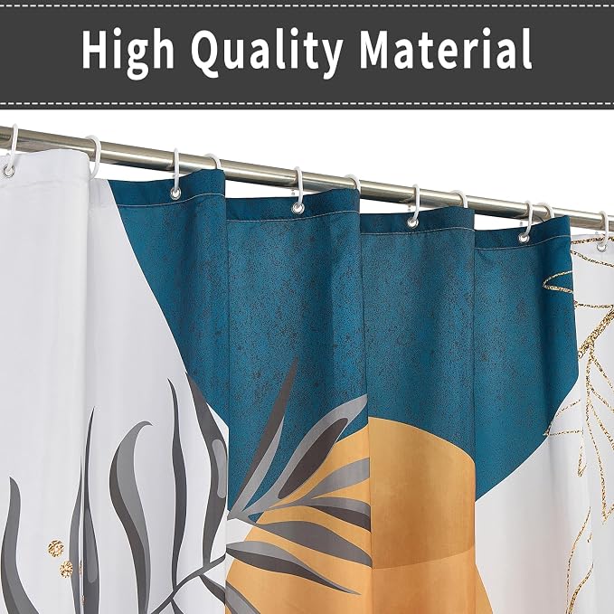 Boho Mid Century Shower Curtain, Orange Blue Modern Minimalist Abstract Geometric Gold Plant Leaves Arch Bathroom Curtains Waterproof Fabric Buthtub Curtain Set with Hooks 48" Wx72 L