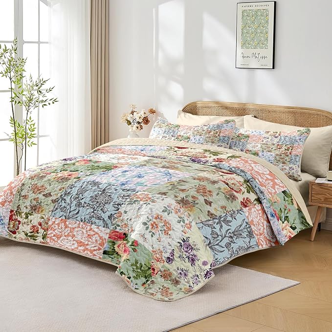 Quilt Set Twin Size, Vintage Patchwork Floral 2 Pcs Soft Bed Cover Bedding Set, Boho Mid Century Lightweight Bedspread Coverlet with Pillow Sham for All Season