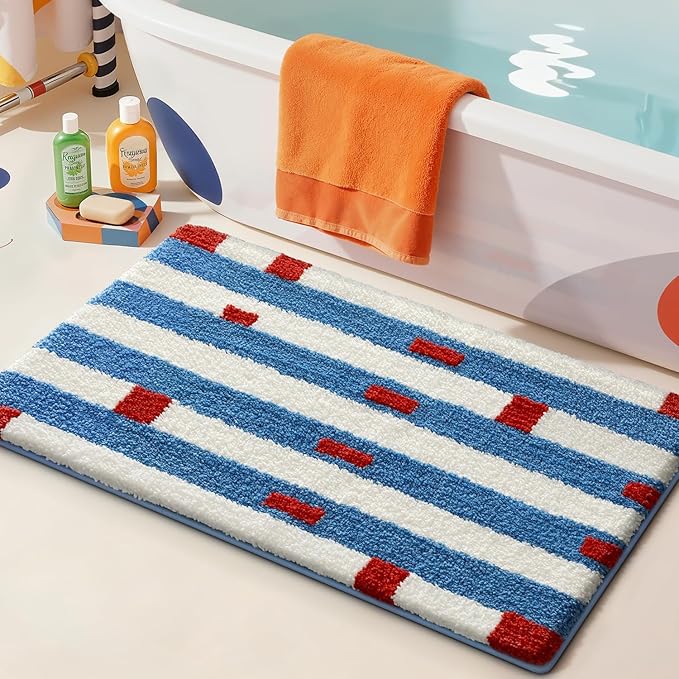 LUMI Bathroom Rugs with Blue White Stripe, Soft Absorbent Bath Mat for Modern Home Decor, Non-Slip Quick-Dry Bath Rug, Machine Washable Floor Mat for Shower and Tub, Entryway, 16"x24"