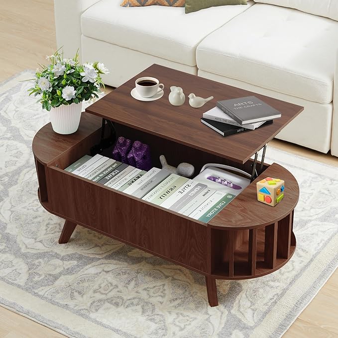 Janmer Home Small Lift Top Coffee Table with Storage, 47.3" Mid Century Modern Curved Coffee Table, Oval Center Table with Lift Tabletop for Living Room, Office (Walnut)